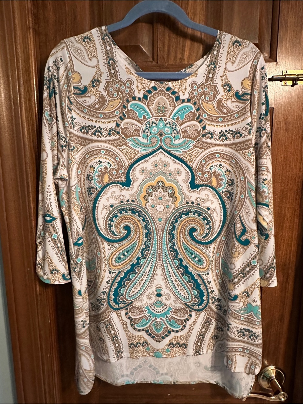Womens Cream Paisley Print Long Sleeve Top - Teal & Taupe